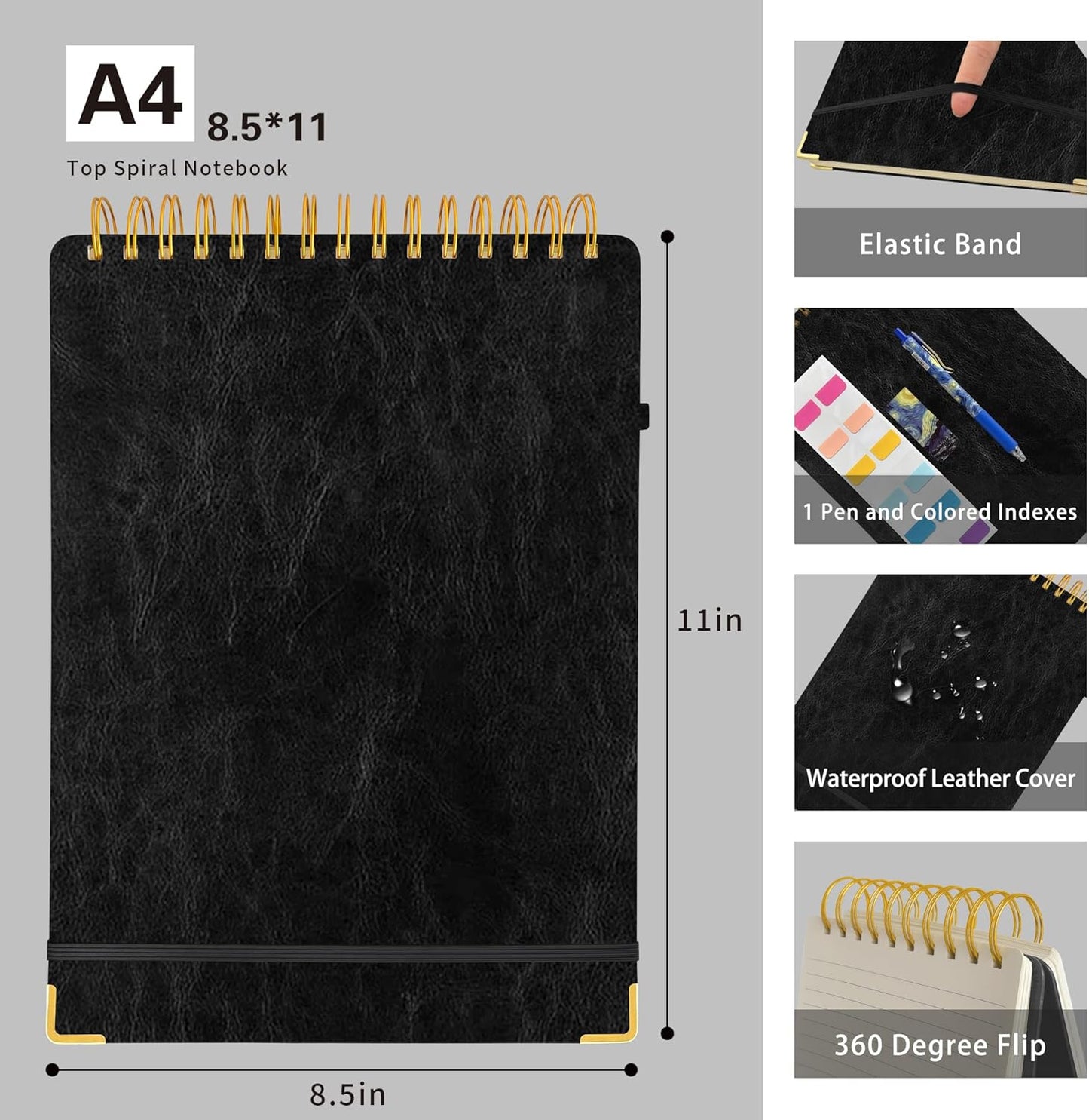 Top Spiral Notebook 8.5x11, A4 Large Leather Hardcover Top Bound Steno Pads, 240 Pages 100gsm Thick Lined Paper,Wide Ruled,Left Handed Notebook Journal for Work, School - Black