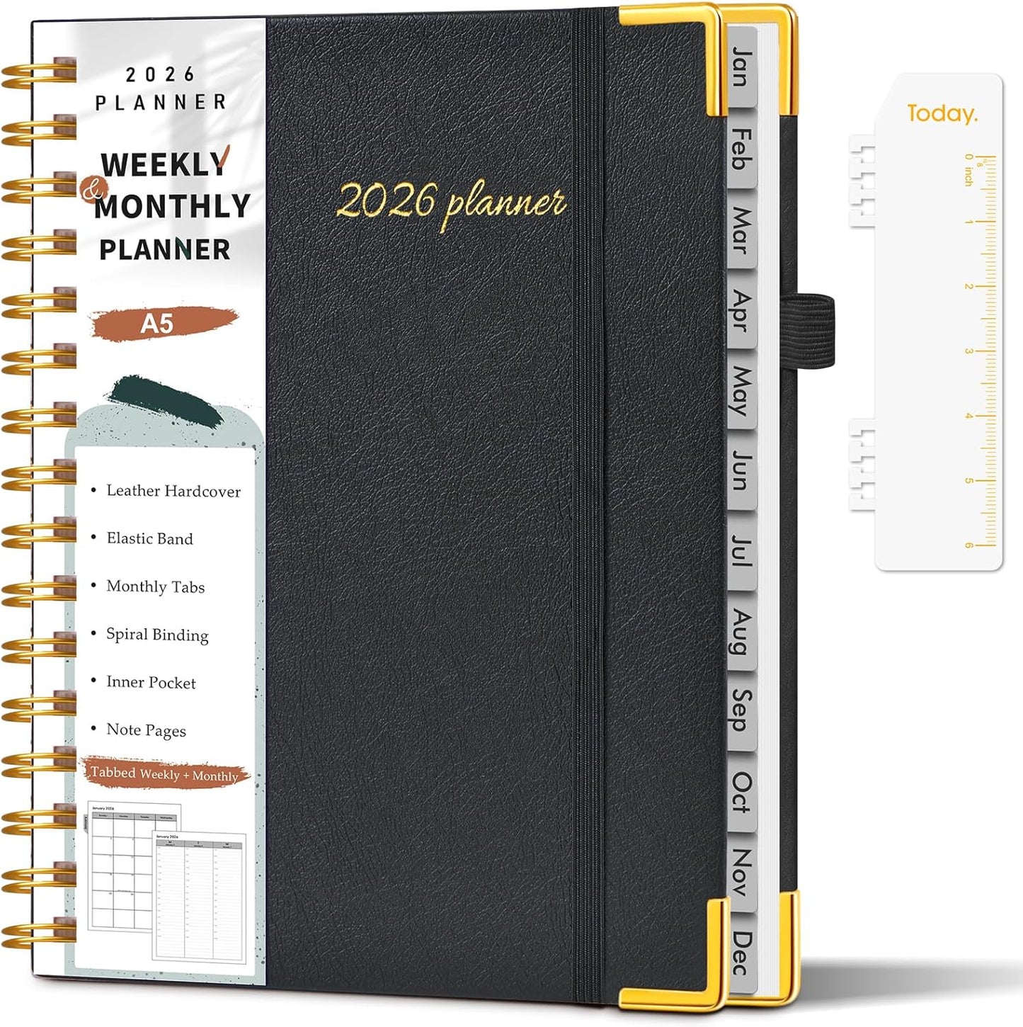 2026 Planner, Weekly and Monthly Calendar Planner from January 2026 - December 2026, 8.5" x 11" Hardcover Leather Hourly Appointment Book with Tabs, Spiral Daily Planners for School Work Home, Green