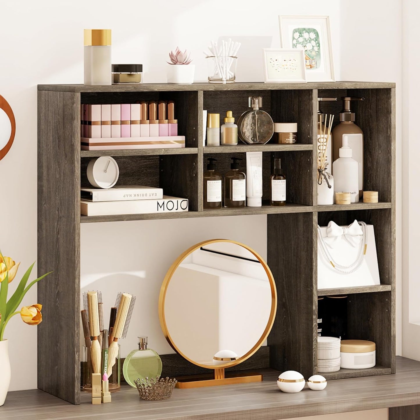 Tangkula Desktop Bookshelf, Countertop Storage Hutch with 5 Shelves for Computer Desk, Desk 3-Tier Display Rack, Multipurpose Wood Desktop Hutch Storage Organizer for Dorm Office Home