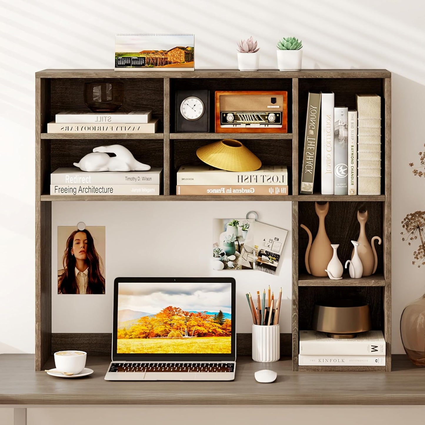 Tangkula Desktop Bookshelf, Countertop Storage Hutch with 5 Shelves for Computer Desk, Desk 3-Tier Display Rack, Multipurpose Wood Desktop Hutch Storage Organizer for Dorm Office Home