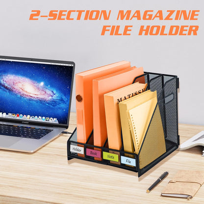 Magazine file holder for desk with 5 Vertical Compartments Folder Storage Binder Organizer for Office Home School Organization, Black