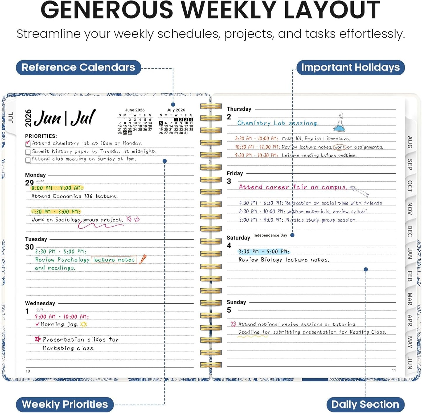 Planner 2026-2027, Academic Year Monthly and Weekly Calendar Planner, Jul 2026 - Jun 2027, Hardcover Teacher Student Planning Agenda book with Tabs, Perfect for School Office Supplies, 6.3" x 8.5" - Wildflowers