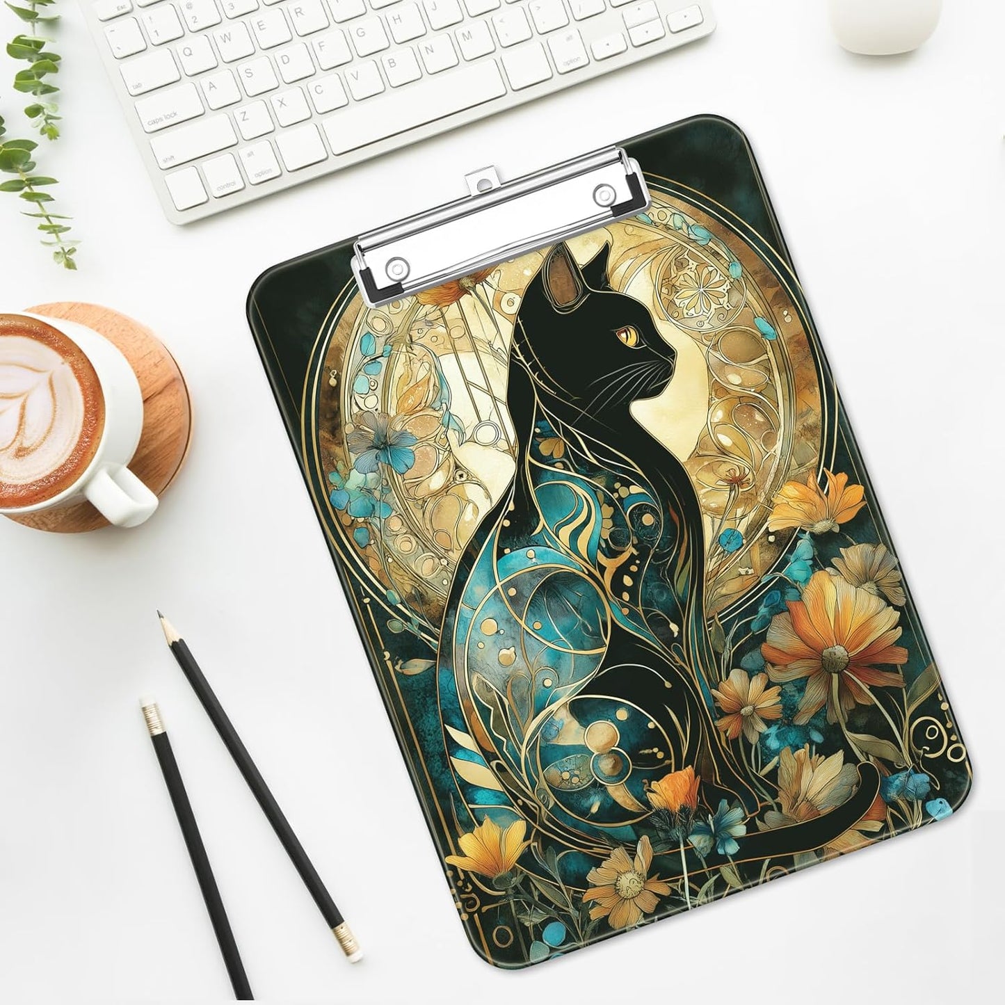 Plastic Cute Clipboard Low-Profile Metal Clip, A4 Letter Size 9 x 12.5 in, 8.5 x 11 Paper Clip Board for Teachers, Nurses, Classroom,Cute Black Cats