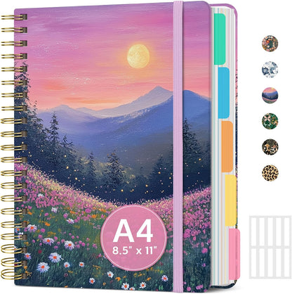 Large Spiral Notebook with Dividers & Tabs, 8.5" x 11" Hardcover 5 Subject Notebook for Work, 280 pages, College Ruled, Cute Journal for Women, Perfect for Study & Office Note Taking, Garden