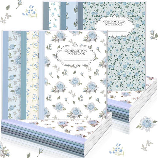 MotiMind 6 Pcs Composition Notebook College Ruled Paper Flower Composition Notebook for Back to School 110 Page 7-1/2" x 9-3/4" Journal Gifts for First Day of School Students Teacher (Blue)