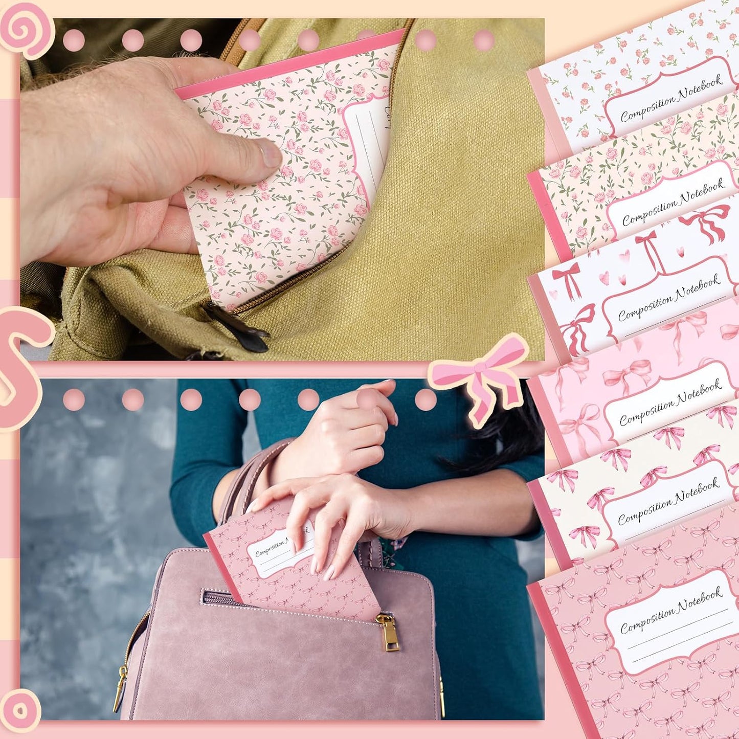 Fullhawl 6 Pcs Bow Composition Notebooks, Preppy Coquette Notebook College Ruled Journal, 110 Page, Cute Back to School Gift for Teacher, Student, First Day of Schooll(Pink,9-3/4 x 7-1/2")