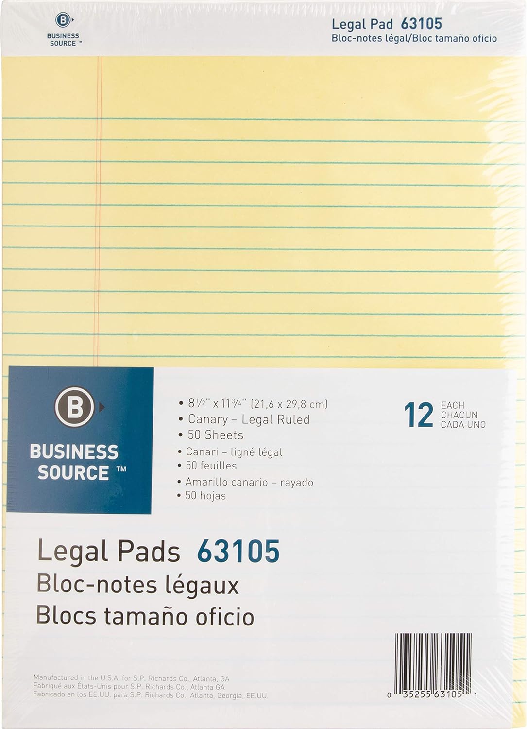 Business Source Micro-Perforated Legal Ruled Pads, Canary Paper, 8-1/2"x11-3/4" (63105) - Pack of 12