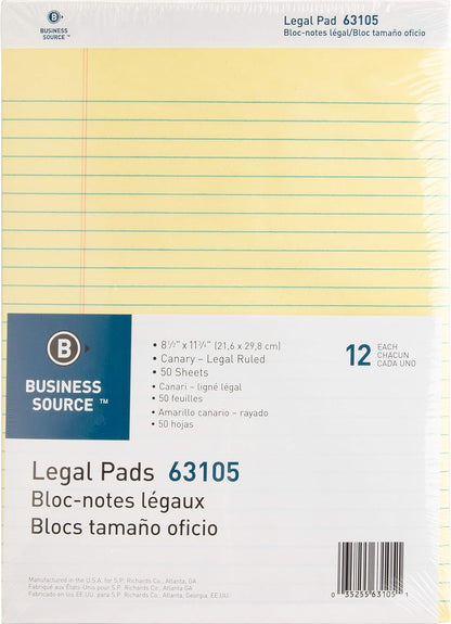 Business Source Micro-Perforated Legal Ruled Pads, Canary Paper, 8-1/2"x11-3/4" (63105) - Pack of 12