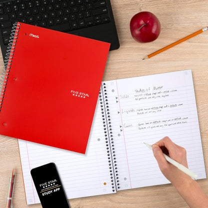 Five Star Spiral Notebook + Study App, 5 Subject, Wide Ruled Paper, 8" x 10-1/2", 200 Sheets, Fights Ink Bleed, Water Resistant Cover, Tidewater Blue (73196)