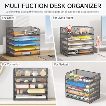 Lavatino 5 Tray Desk File Organizer, Black Mesh Paper Sorter Letter Tray Organizer with Handle, Desktop File Organizer and Storage for Letter/A4 Office File Folder