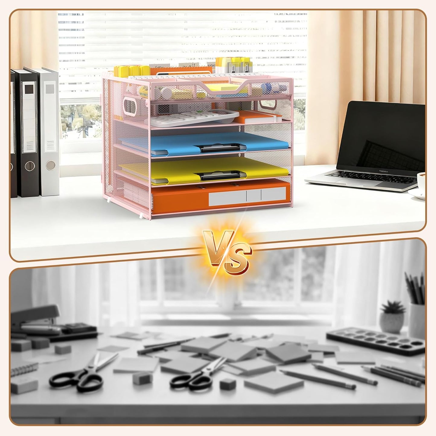 Docnest 5 Tier Letter Tray with Hanging File Organizer-Mesh Desk Organizer-Desktop Storage Box Built in Pen Holder and Handles, File Folder Holder for Mail Documents Office Supplies-Black