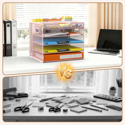 Docnest 5 Tier Letter Tray with Hanging File Organizer-Mesh Desk Organizer-Desktop Storage Box Built in Pen Holder and Handles, File Folder Holder for Mail Documents Office Supplies-Black