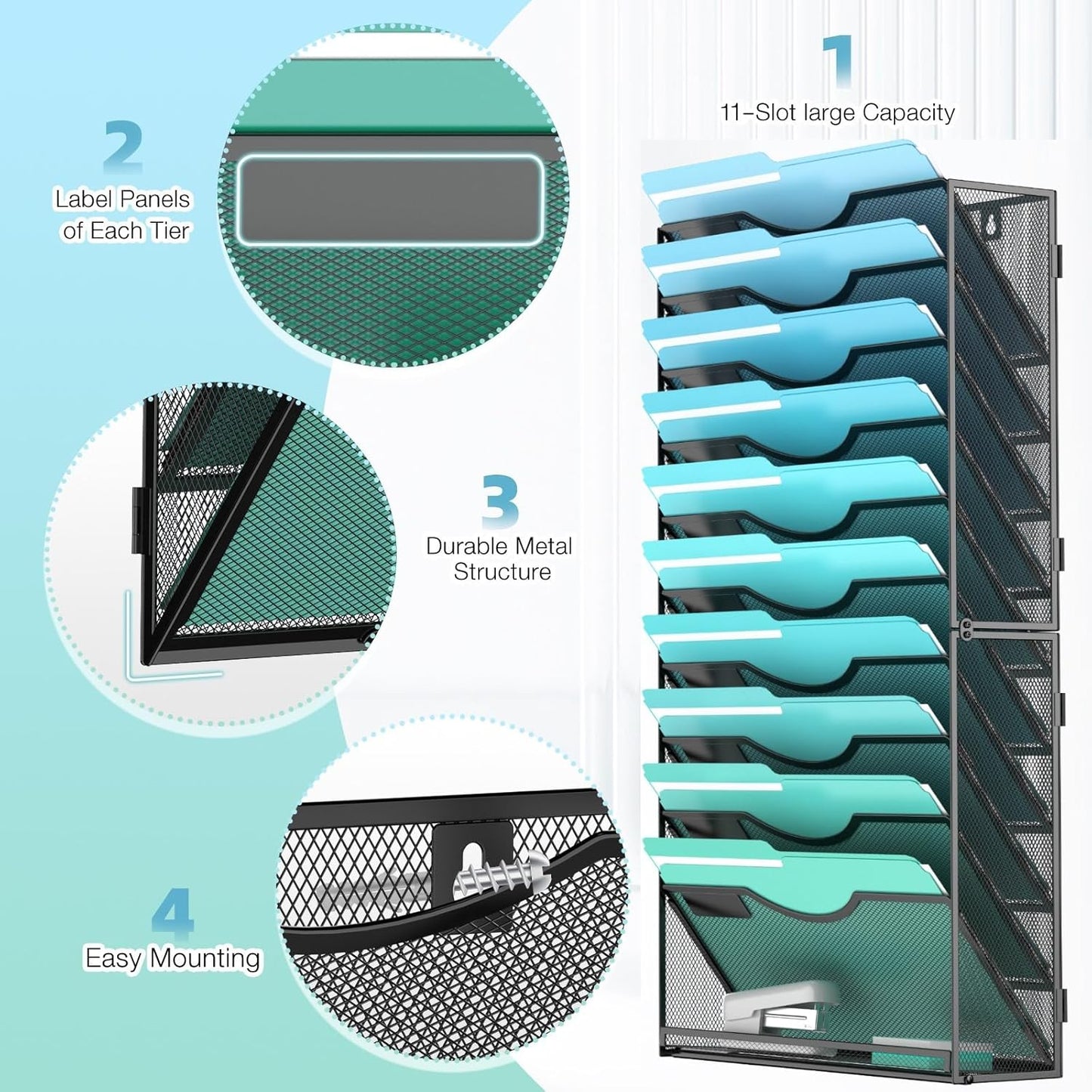 Gawerk 10-Tier Wall File Organizer Hanging Wall File Holder Wall Mount Paper Folder Organize, Mesh Magazine Document Mail Organizer Wall Organizer for Office School Home, Black