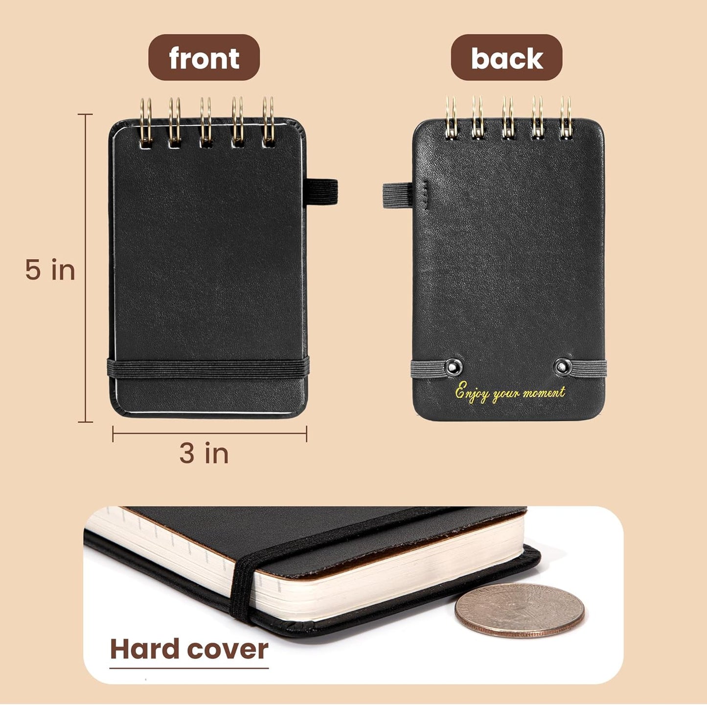 Yoment Small Notebooks 3x5 Leather Pocket Notepad 150 Pages Mini Top Spiral Notebook, 100 GSM Thick Paper, Memo Note Pads for Work School Nursing, Brown