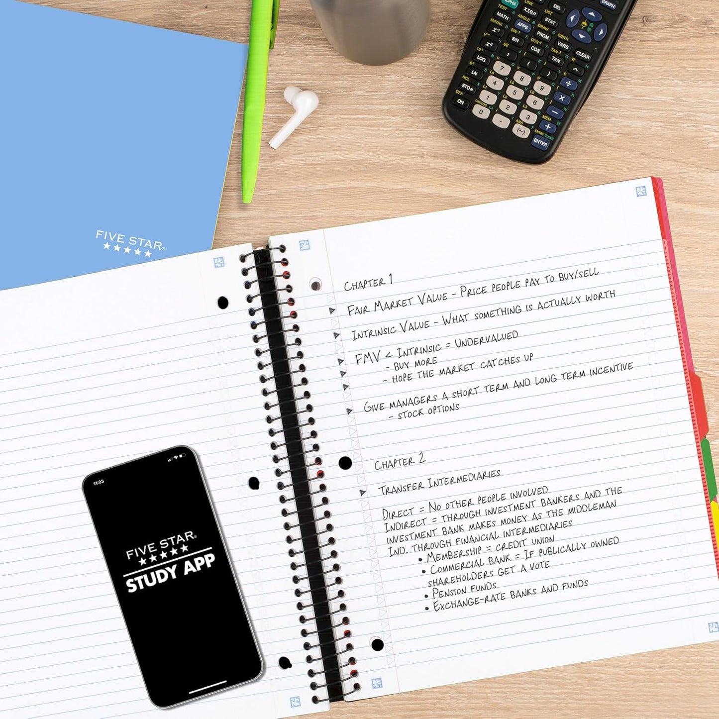 Five Star Advance Spiral Notebook + Study App, 5 Subject, College Ruled Paper, 8-1/2" x 11", 200 Sheets, Spiral Guard, Movable Tabbed Dividers, Black (73144)