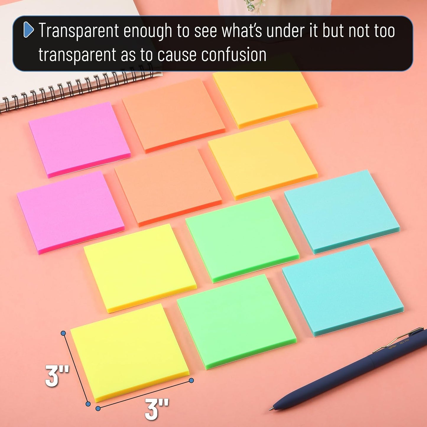 Mr. Pen- Transparent Glitter Sticky Notes, 3”x3”, 12 Pads, 600 Sheets, Colorful, Plastic Glitter Sticky Notes Bulk, Self-Stick Note Pads for Women, Office, School, Home, Study & Organization