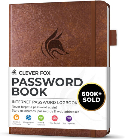 Clever Fox Password Book with alphabetical tabs. Internet Address Organizer Logbook. Small Pocket Password Keeper for Website Logins (Orange)