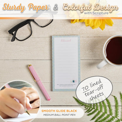 Christian Art Gifts Compact Magnetic Notepad & Medium Ballpoint Pen Set: Trust in the Lord Inspirational Scripture, Shopping Lists, Memos, Reminders, 70 Lined Easy Tear-off Sheets, Purple/Teal Floral