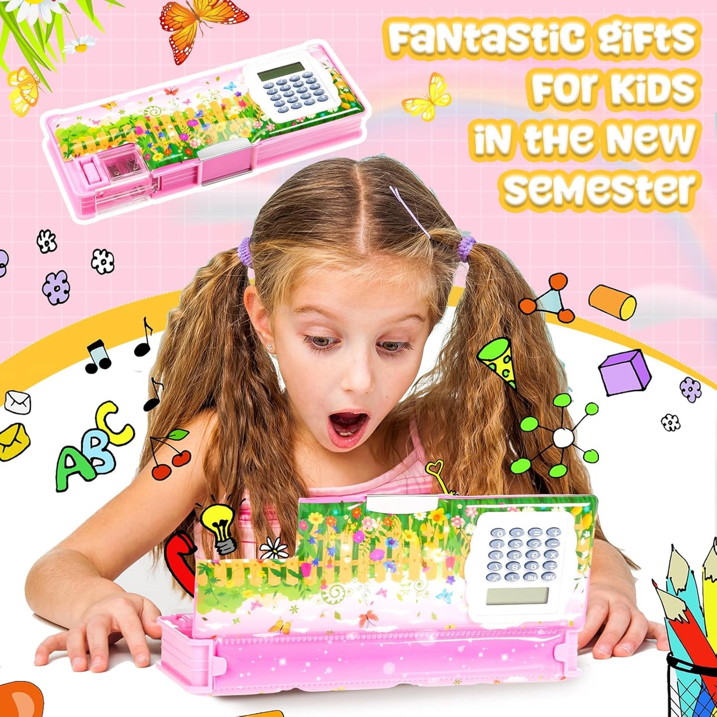 Henoyso Multifunctional Pencil Box for Girls Butterfly Pencil Case with Calculator and Sharpener Cool Cute Pencilcase School Supplies Essentials Christmas Birthday Gift Present for Kids Teens