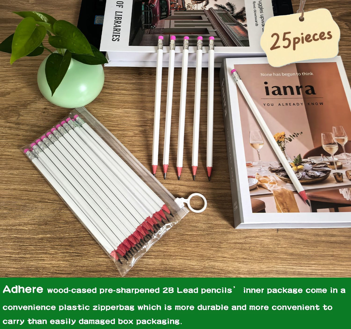 Adhere 25pcs Woodcase Pencils with Eraser Premium Pre-Sharpened Hexagon Graphite 2B pencils ideal for home, office writing including a Free Sharpener(Pink・25pcs)