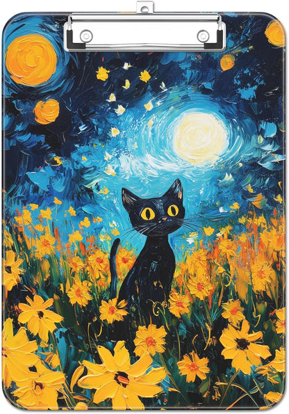 Plastic Cute Clipboard Low-Profile Metal Clip, A4 Letter Size 9 x 12.5 in, 8.5 x 11 Paper Clip Board for Teachers, Nurses, Classroom,Cute Black Cats