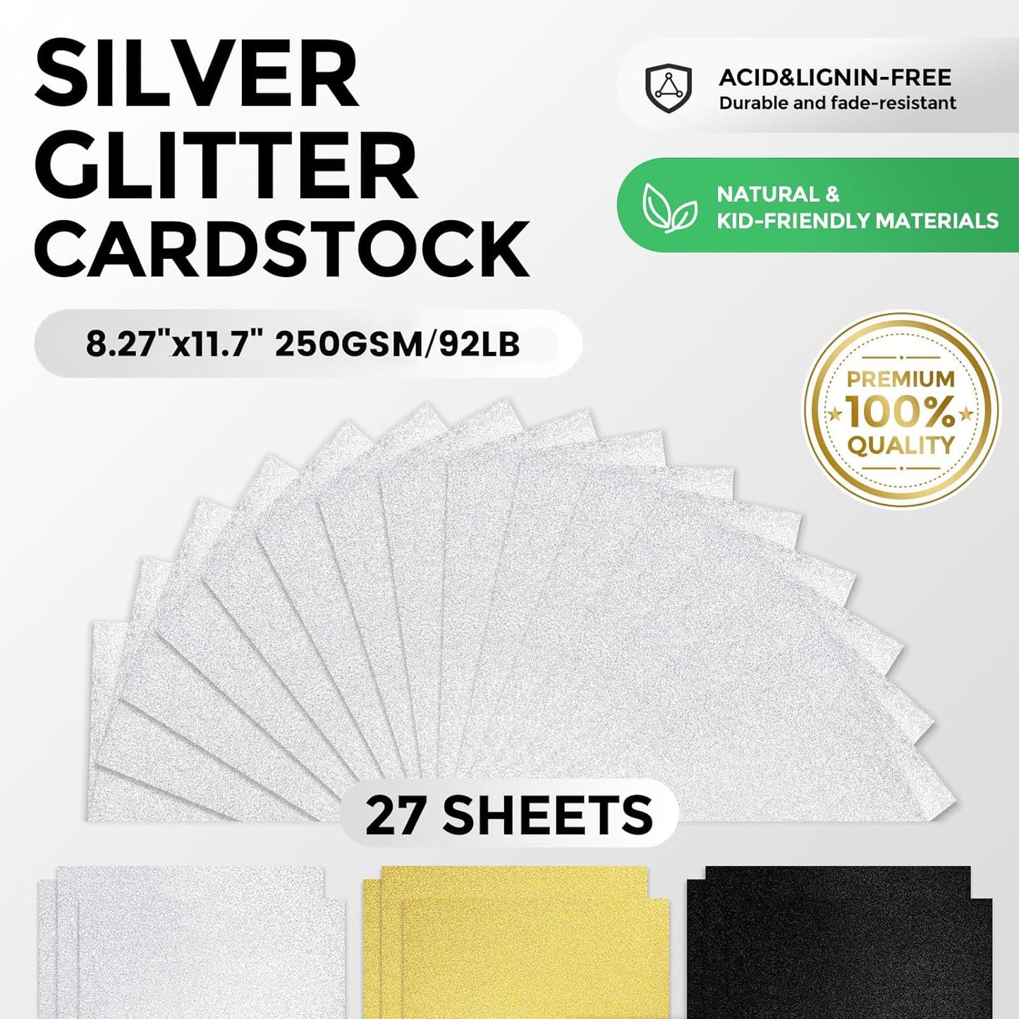 BOOKNOW 27 Sheets Silver Glitter Cardstock, 8.27" x 11.7" (A4 Size) Heavyweight Sparkle Paper, 250GSM/92LB Glitter Paper for Wedding Invitations, Scrapbooking, Card Making, DIY Cake Toppers