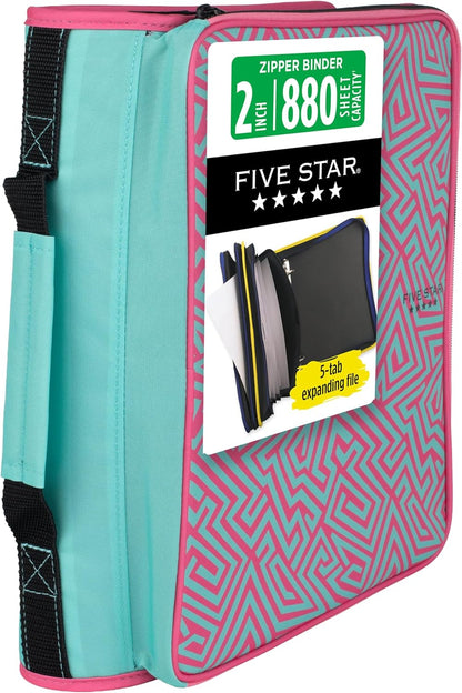 Five Star Zipper Binder, 2 Inch 3-Ring Binder with Round Rings, 5-Tab Expanding File, 380 Sheet Capacity, Black (72536)