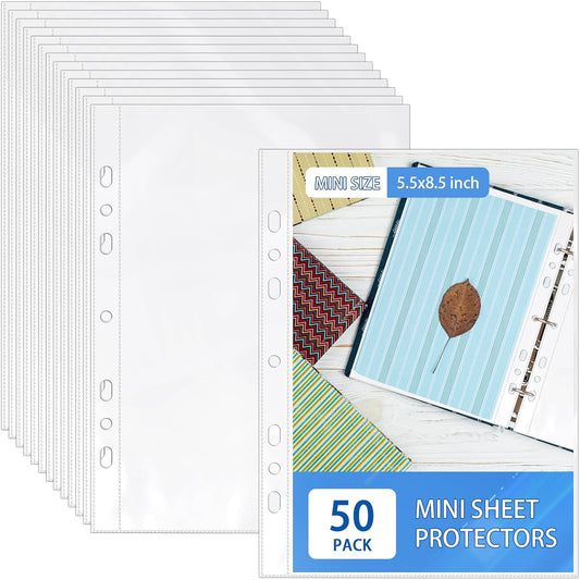 VOKOY 100 Pack 5.5x8.5 Inch Sheet Protectors for 3 or 6 Ring A5 Binder, Half Letter Size 7 Holes Mini Heavy-Duty Sheet Protector Sleeves Crystal Clear Playbill Binder Pockets