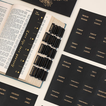 Laminated Bible Tabs, Gold Foil Embossed Lettering Bible Chapter Index Tabs for Women Men, Reposition Large Print Sticky Labels, Easy to Read and Apply, 105Chapters Labels for Easy Navigation (Black)