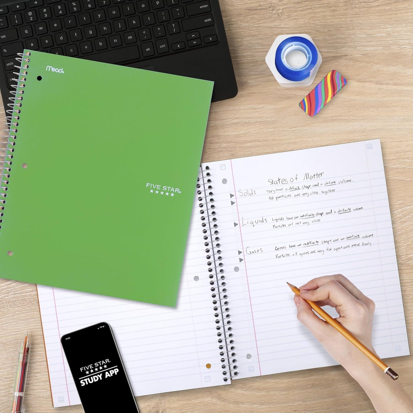 Five Star Spiral Notebook + Study App, 1 Subject, Wide Ruled Paper, 8" x 10-1/2", 100 Sheets, Fights Ink Bleed, Water Resistant Cover, Tidewater Blue (72875)