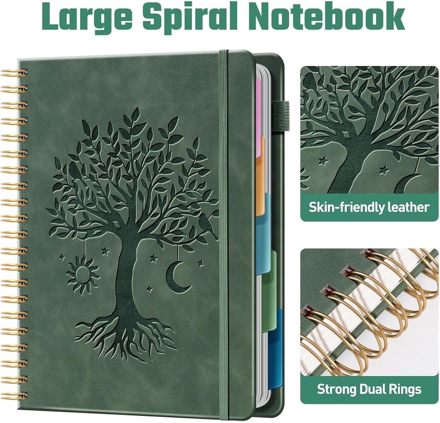 Ovesmusl Hardcover Spiral Notebook 8.5" x 11" with 5 Removable Dividers 300 Pages Leather 5 Subject Notebook College Ruled 100GSM Large Spiral Notebooks for Work Thick Lined Journal for Women, Green