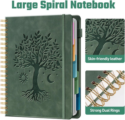 Ovesmusl Hardcover Spiral Notebook 8.5" x 11" with 5 Removable Dividers 300 Pages Leather 5 Subject Notebook College Ruled 100GSM Large Spiral Notebooks for Work Thick Lined Journal for Women, Green