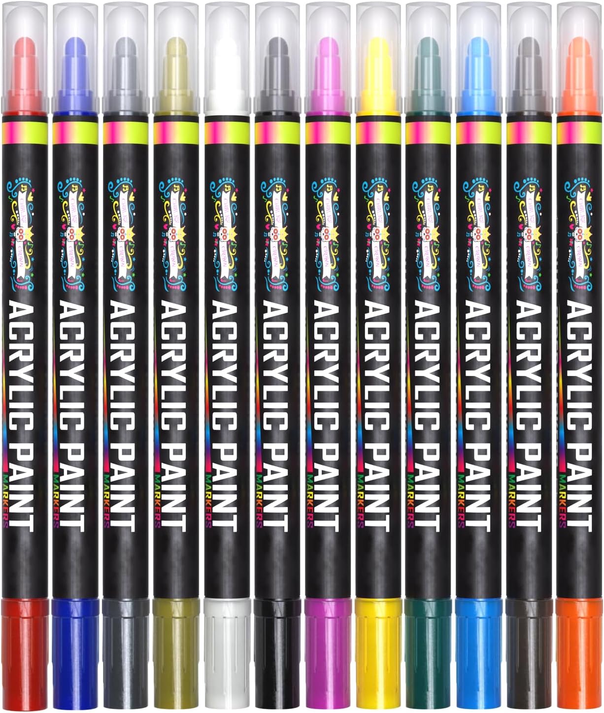 Acrylic Paint Markers Dual Tip (12 Pack) - Acrylic Markers Paint Pens for Rocks - Bold Acrylic Paint Pens Fine Tip and Dot Tip - Fabric Makers Permanent for Clothes Water Based Markers - Chalky Crown