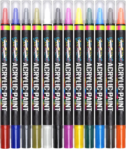 Acrylic Paint Markers Dual Tip (12 Pack) - Acrylic Markers Paint Pens for Rocks - Bold Acrylic Paint Pens Fine Tip and Dot Tip - Fabric Makers Permanent for Clothes Water Based Markers - Chalky Crown