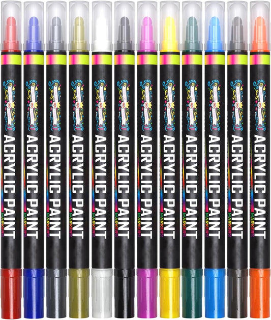 Acrylic Paint Markers Dual Tip (12 Pack) - Acrylic Markers Paint Pens for Rocks - Bold Acrylic Paint Pens Fine Tip and Dot Tip - Fabric Makers Permanent for Clothes Water Based Markers - Chalky Crown
