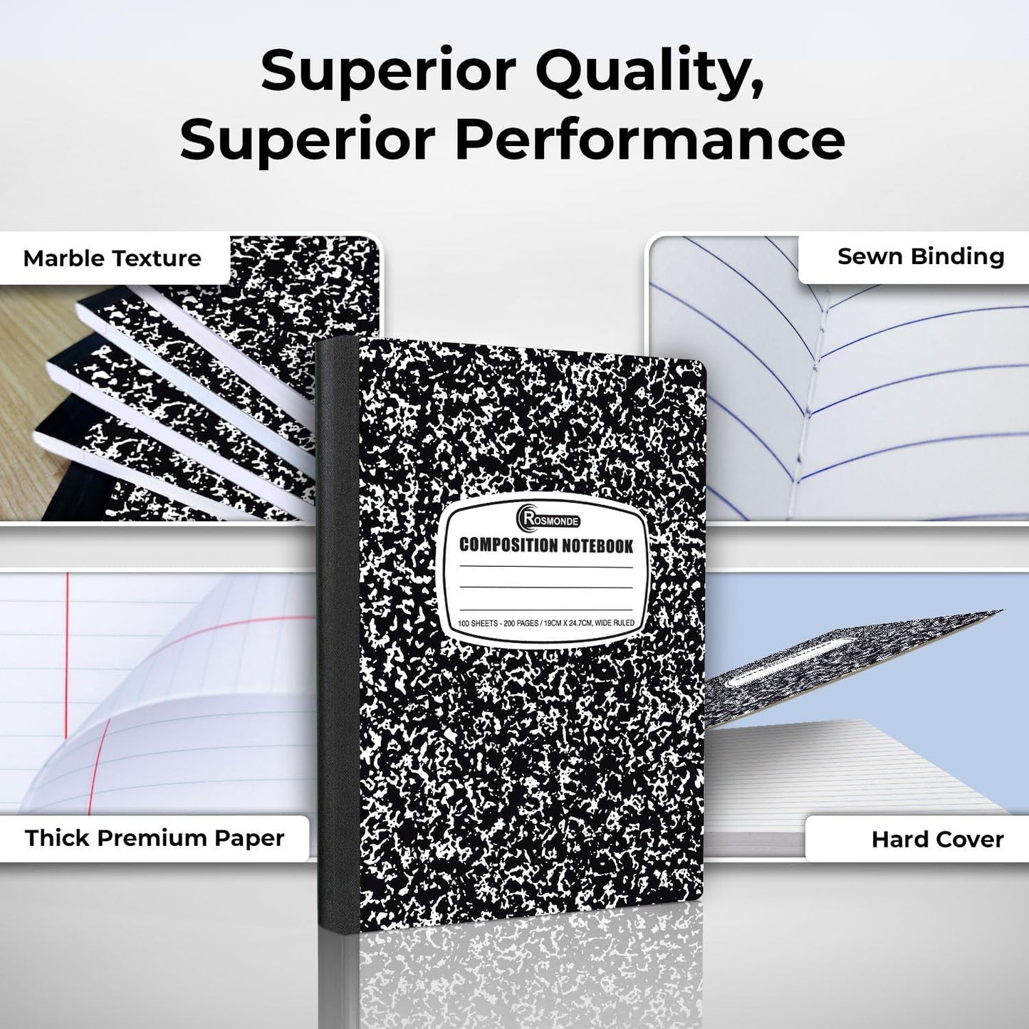Rosmonde 12 Pack Composition Notebook Wide Ruled Bulk, 200 Pages (100 Sheets), 9-3/4 x 7-1/2", Hard Cover Wide Ruled Notebook Bulk, Black Marble Composition Notebooks, Bulk School Notebooks