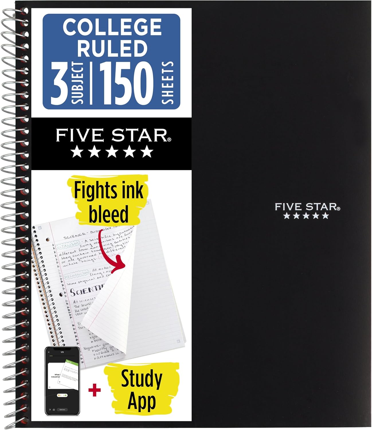 Five Star Spiral Notebook + Study App, 3 Subject, College Ruled Paper, 8-1/2" x 11", 150 Sheets, Fights Ink Bleed, Water Resistant Cover, Amethyst Purple (38746)