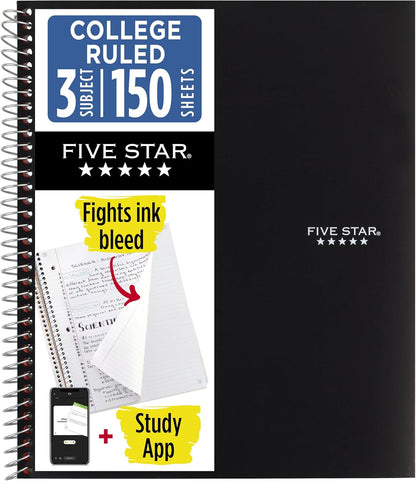 Five Star Spiral Notebook + Study App, 3 Subject, College Ruled Paper, 8-1/2" x 11", 150 Sheets, Fights Ink Bleed, Water Resistant Cover, Amethyst Purple (38746)