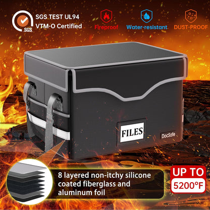 DocSafe Fireproof Document Box with Lock, File Storage Organizer with Mesh Pockets, Collapsible Portable File Box Home Office Safe Filing Cabinet with Handle for Hanging Letter/Legal Folder, Black