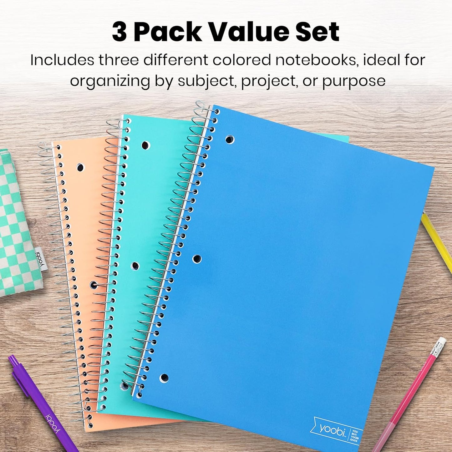 Yoobi College Ruled 8 x 10.5” Spiral Notebook Set – 3-Pack of 1 Subject Notebooks, Pink, Purple & Black Celestial Patterns – 150 Perforated 3-Hole Punched Sheets