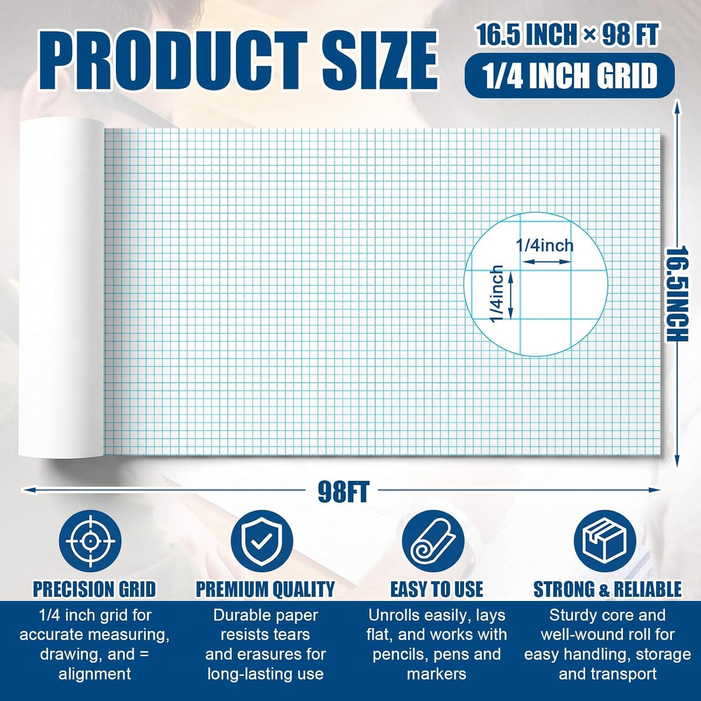 Jetec 1 Roll Large Grid Graph Paper Roll 1" Grid 16.5 Inch x 98ft Sewing Pattern Paper for Back to School Classroom Teaching Drafting Supplies Kids Students Gifts