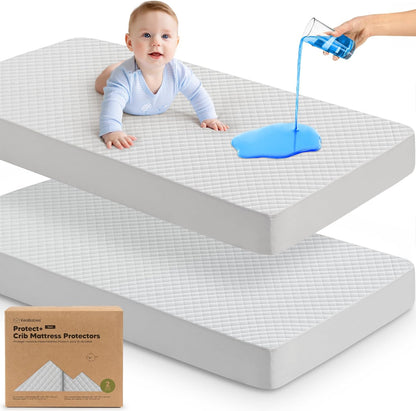 2-Pack Waterproof Crib Mattress Protector Cover Fitted - Quiet Baby Crib Mattress Pad Sheets, 52" x 28" Soft Quilted Cotton Baby Sheet, Machine Washable, Easy Fit, Durable (Soft White/Mavy)