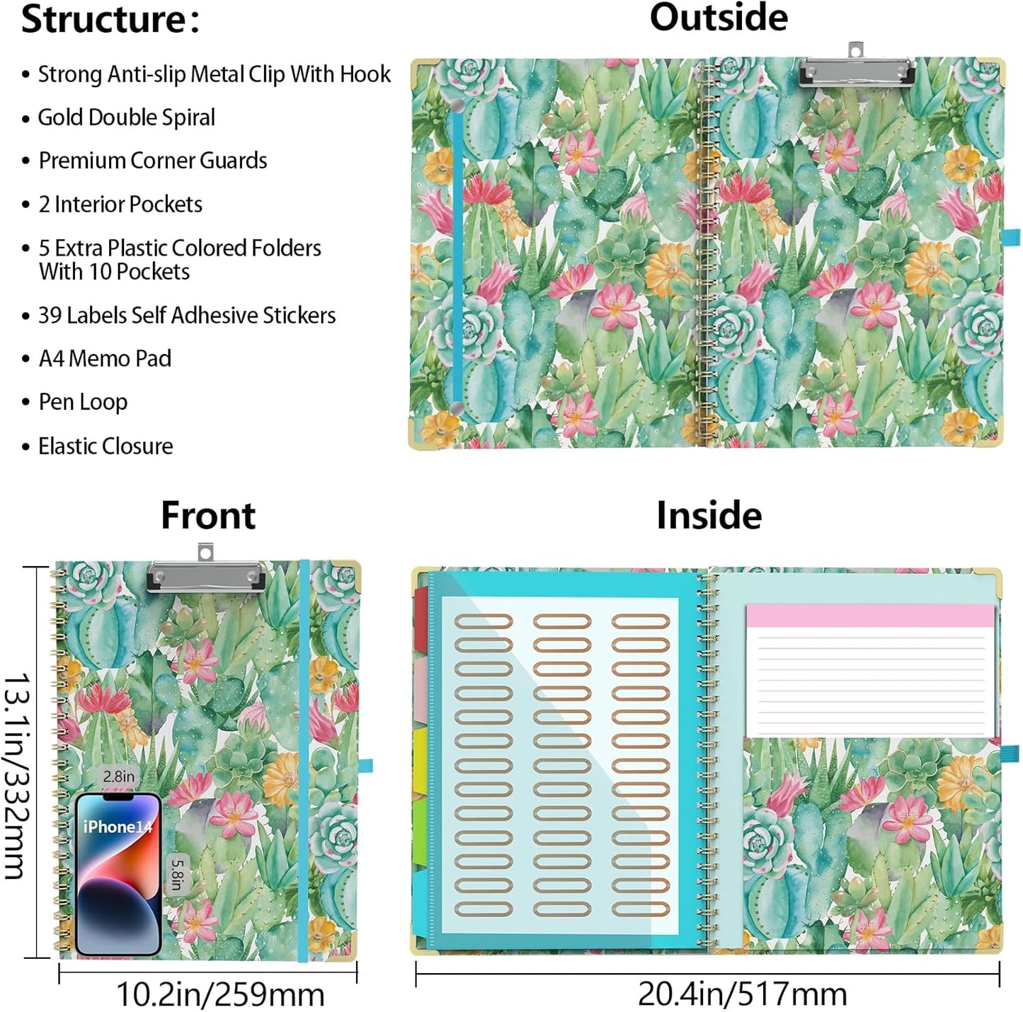 Clipboard Folder with Notepad Refillable Lined for Letter Size (11" x 8.5"), 5 Dividers with Storage 10 Pockets, Cute Spiral Foldable Clipboard with Metal Clip School Office Supplies (Sunflowers)
