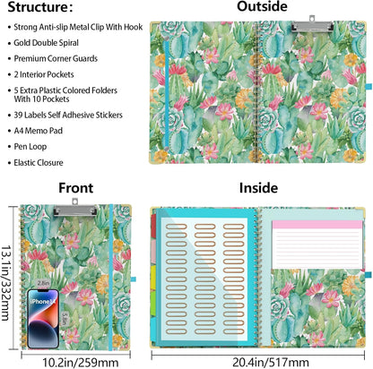 Clipboard Folder with Notepad Refillable Lined for Letter Size (11" x 8.5"), 5 Dividers with Storage 10 Pockets, Cute Spiral Foldable Clipboard with Metal Clip School Office Supplies (Sunflowers)