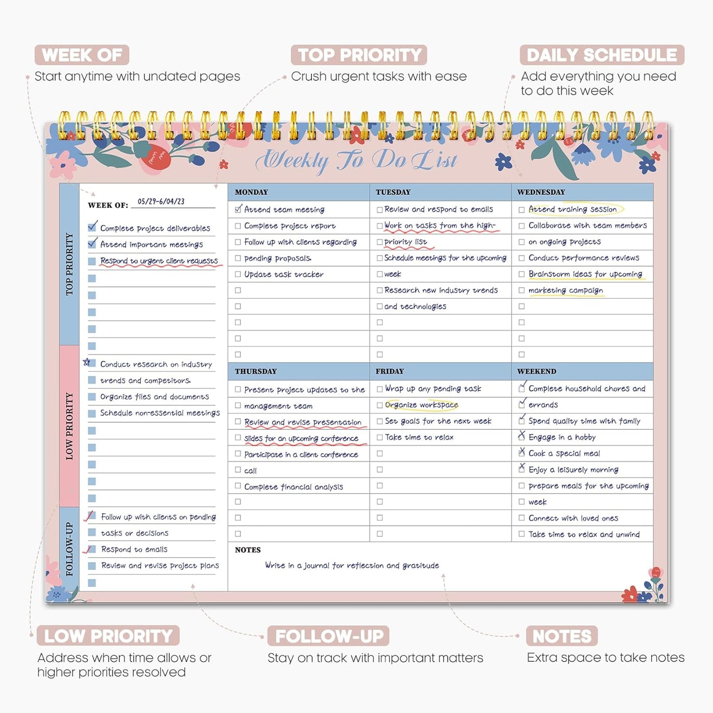 Taja Weekly To Do List Notepad with 52 Undated Sheets（8.5"×11"）- Weekly Desk Planner for Women & Man, Work and Home -1 Pack Violet Dream