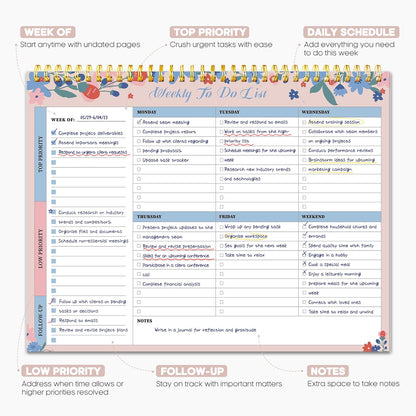 Taja Weekly To Do List Notepad with 52 Undated Sheets（8.5"×11"）- Weekly Desk Planner for Women & Man, Work and Home -1 Pack Violet Dream