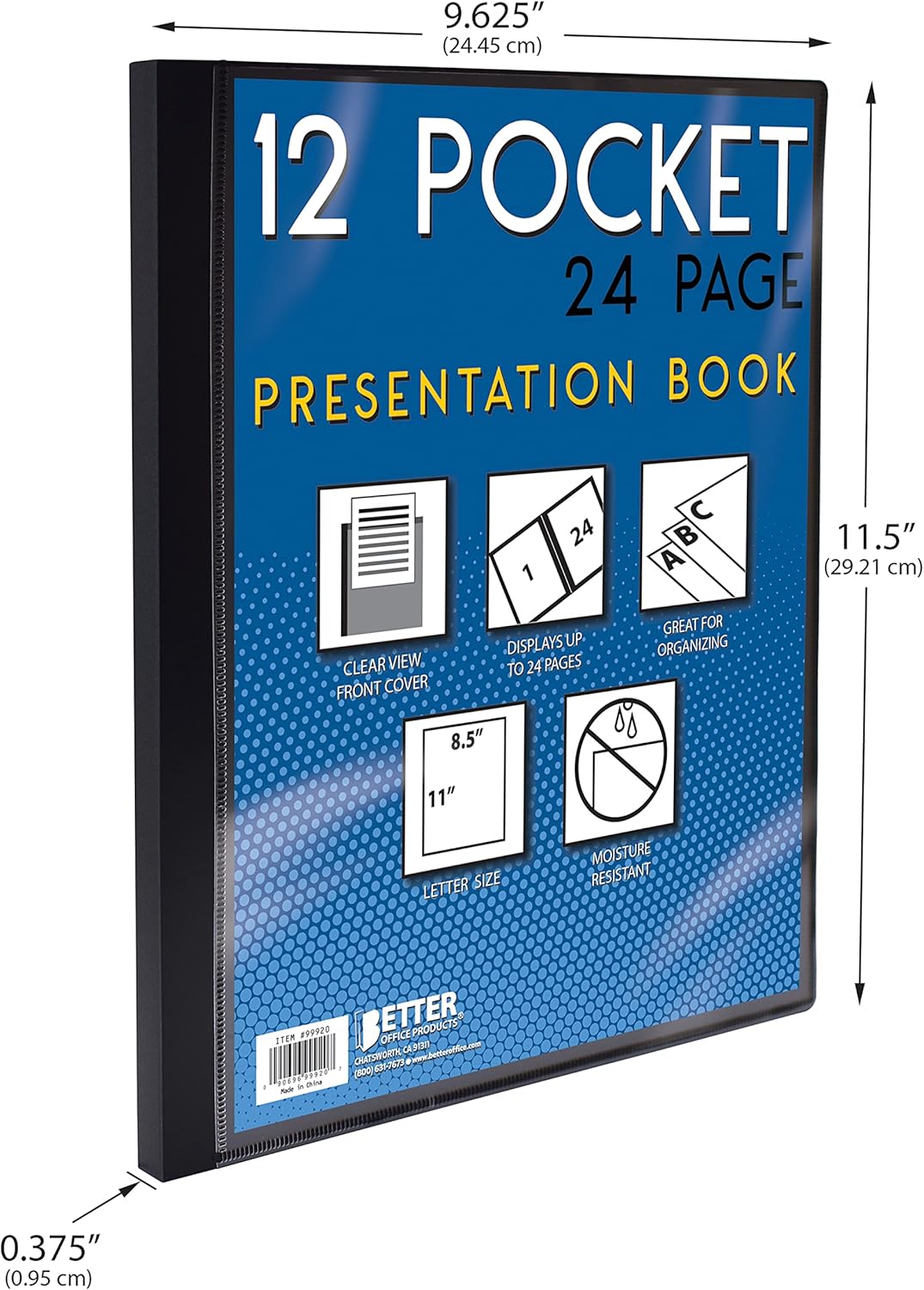 Better Office Products 12 Pocket Bound Presentation Book, Blue with Clear View Front Cover, 24 Sheet Protector Pages, 8.5" x 11" Sheets, Art Portfolio, Durable Poly Covers, Letter Size, Blue
