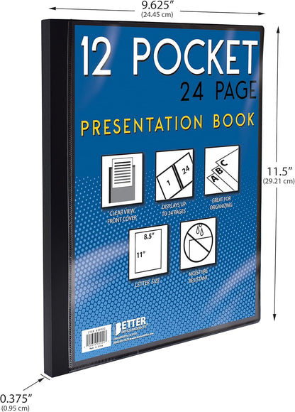 Better Office Products 12 Pocket Bound Presentation Book, Blue with Clear View Front Cover, 24 Sheet Protector Pages, 8.5" x 11" Sheets, Art Portfolio, Durable Poly Covers, Letter Size, Blue