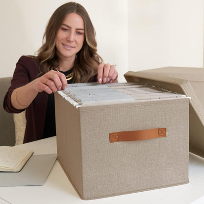 ZICOTO Decorative File Organizer Box Set of 2 - Collapsible Linen Filing Cabinets with Handles Are Perfect to Store All Your Documents & Hanging File Folders - Portable Easy Slide Crates with Lid
