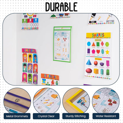 Essex Wares - 6 Pack, Assorted, Dry Erase Pocket Document Protectors, 10" Wide x 13.5" Tall- Dry Erase Clear Plastic Sleeves - Reusable & Easy Erase Plastic Invoice Holders, Water-Resistant & Durable